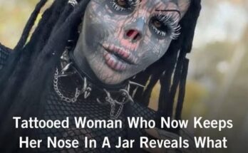Tattooed woman who keeps her nose in a jar – before and after