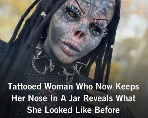 Tattooed woman who keeps her nose in a jar – before and after